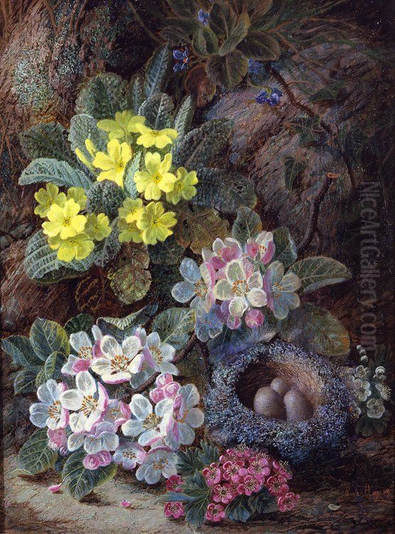 Still Life of Bird's Nest and Primroses Oil Painting by Oliver Clare
