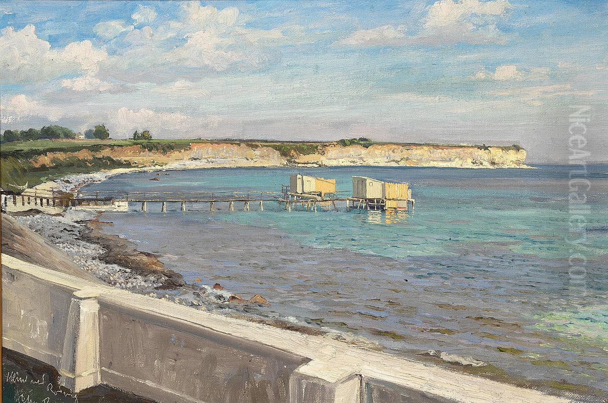 A bathing jetty at Rodvig. Oil Painting by Benjamin Olsen