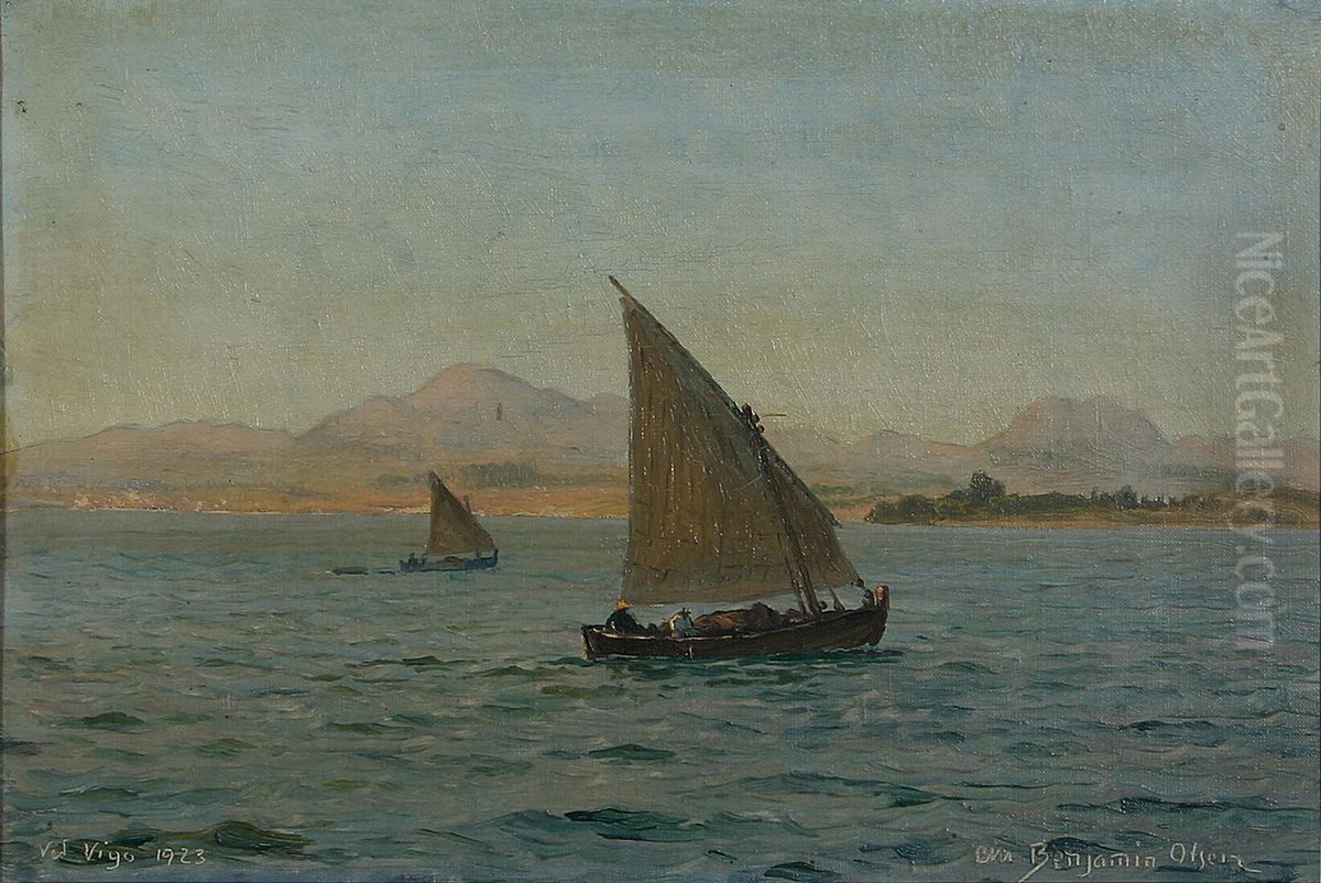 Boats along the coast at the Bay of Vigo, Spain. Oil Painting by Benjamin Olsen