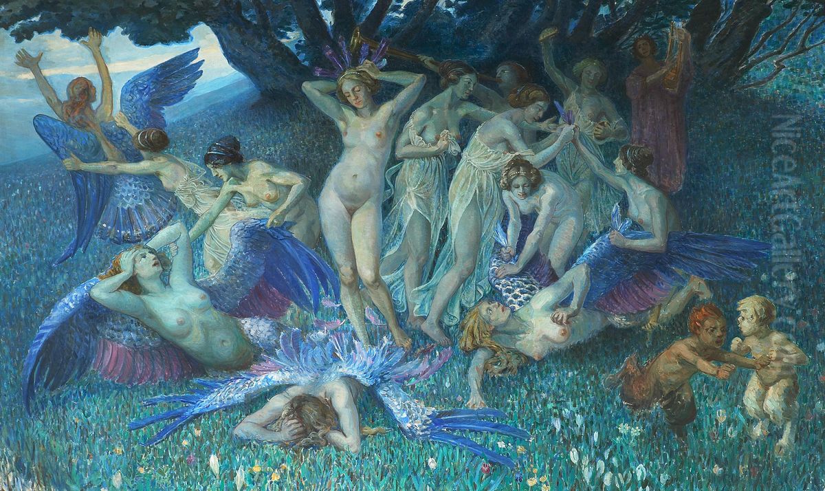 The muses fighting the sirens. Oil Painting by Sigurd Olrik