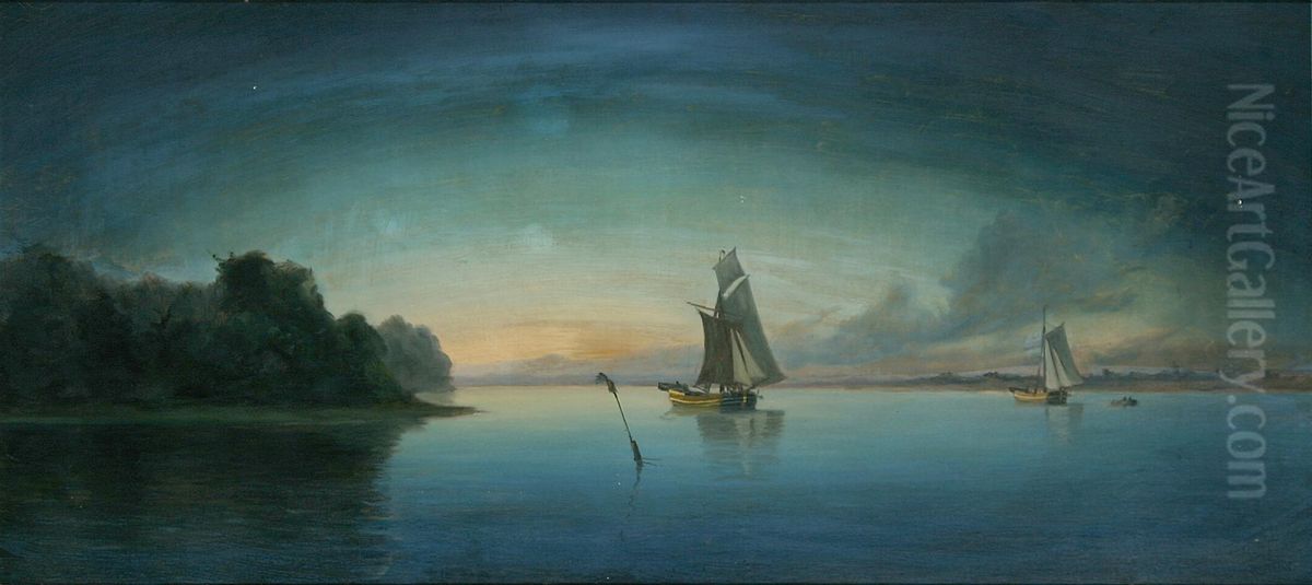 Evening at a coast with two sailing ships. Oil Painting by Alfred Olsen