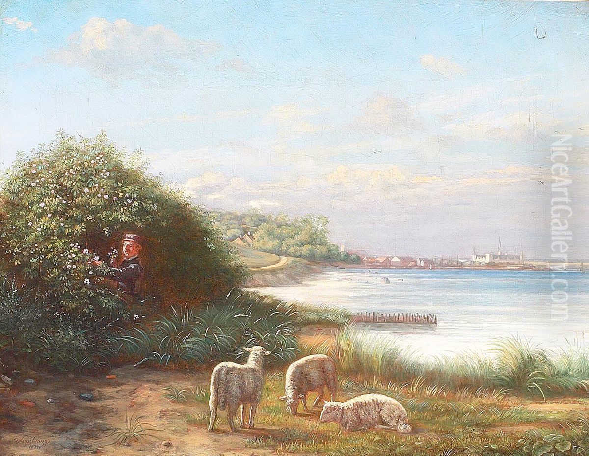 A beach with sheep and boy, and a view of Kronborg. Oil Painting by Christian Rudolph Vogelsang