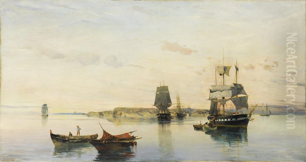 Anchored boats Oil Painting by Konstantinos Volanakis