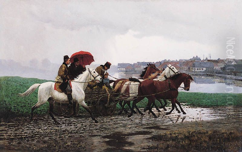 Riding in the Rain Oil Painting by Wlodzimierz Los