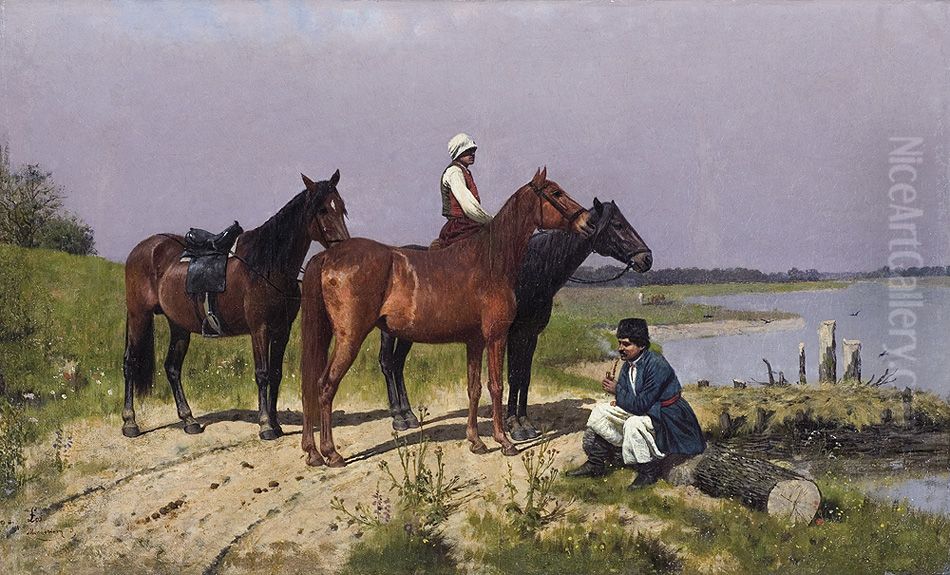 At the river crossing Oil Painting by Wlodzimierz Los
