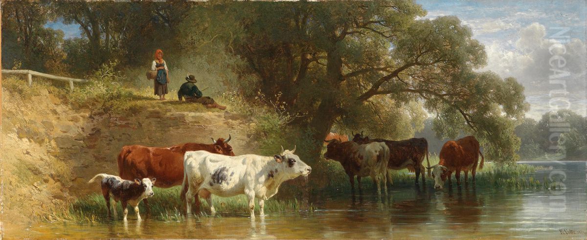 Weidende Kuhe am Fluss mit Hirten Oil Painting by Friedrich Voltz