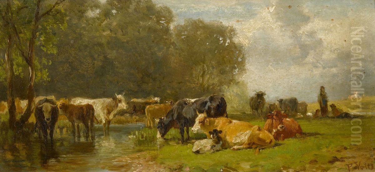 Cows in the pasture Oil Painting by Friedrich Voltz