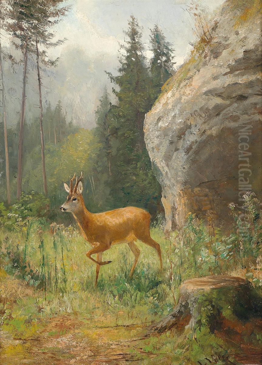 Rehbock in Fruhlingslandschaft Oil Painting by Ludwig Gustav Voltz