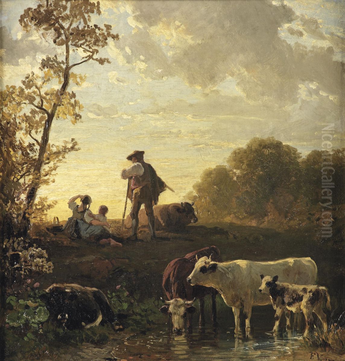 Beobachten des Sonnenuntergangs Oil Painting by Friedrich Voltz