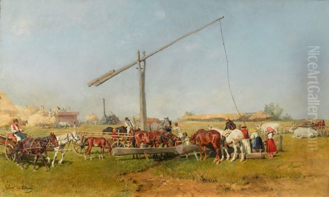 Horses watering by a Well Oil Painting by Julius von Blaas