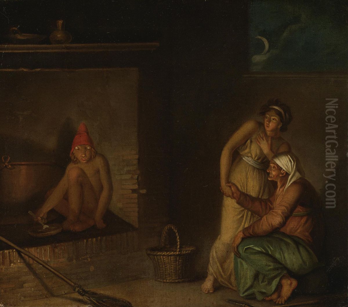 A SCENE FROM DANISH FOLKLORE, A NIS EATING HIS PORRIDGE Oil Painting by Nicolai Abildgaard