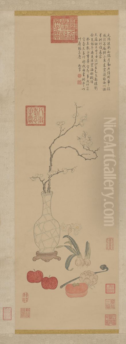 Hongli year end painting and reopening of Chonghua Palace poem scroll Oil Painting by Qianlong Emperor