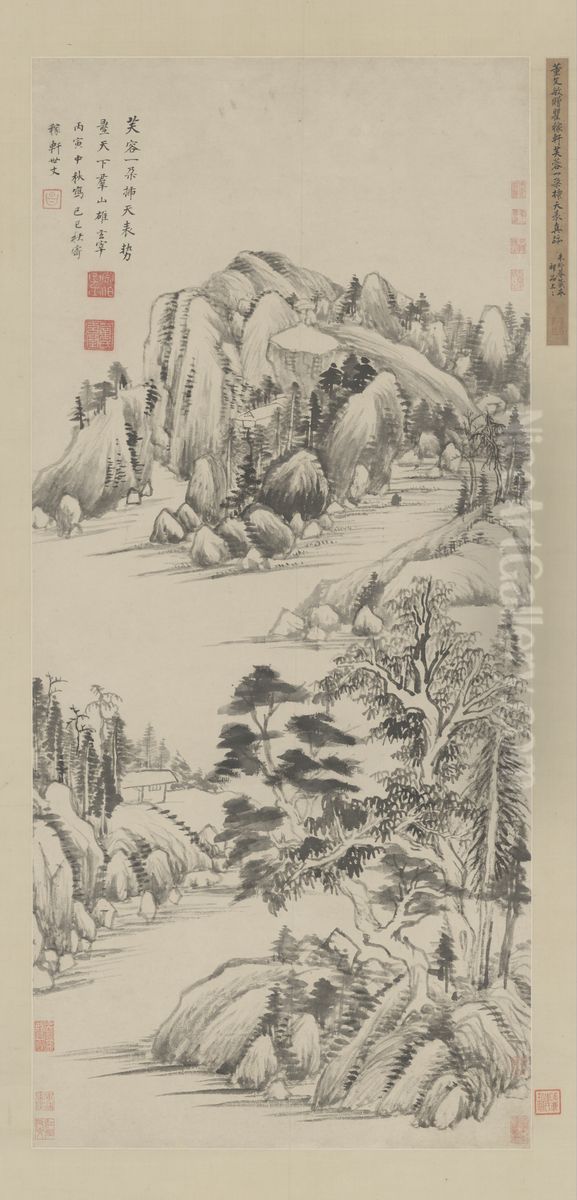 <<dong qi chang zeng jia xuan shan shui tu zhou>> Oil Painting by Dong Qichang