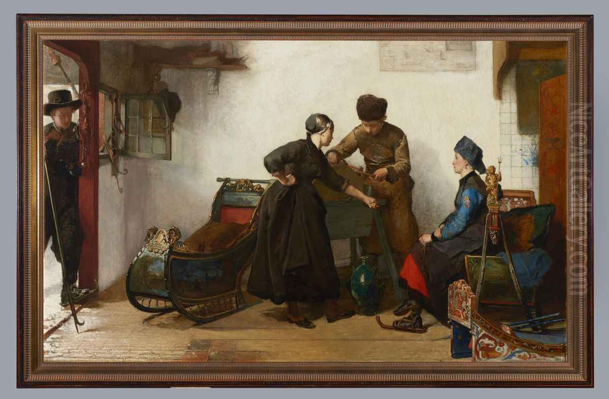 Schaatsenslijper, 1828-1904 Oil Painting by Christoffel Bisschop