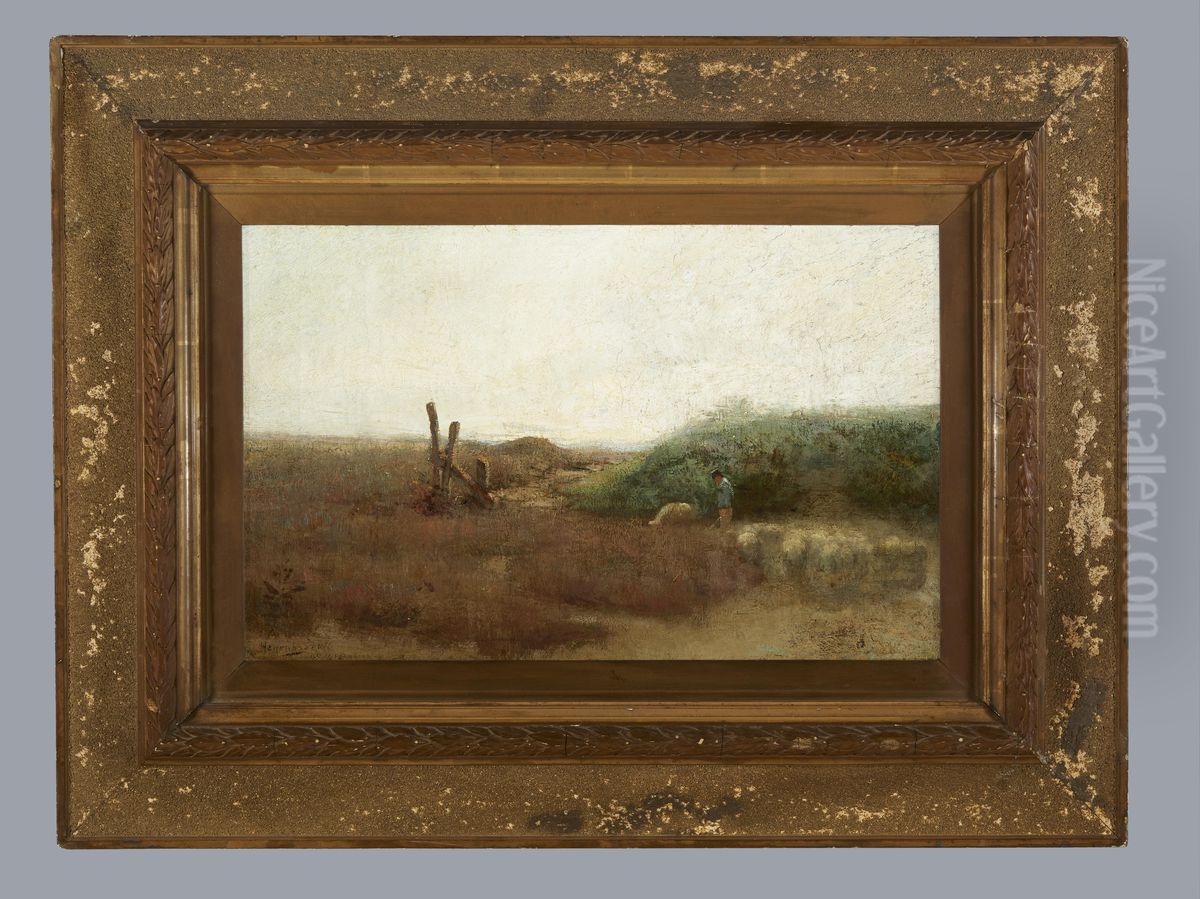 Herder met schapen op de heide, 1900-1920 Oil Painting by Herman Heijenbrock