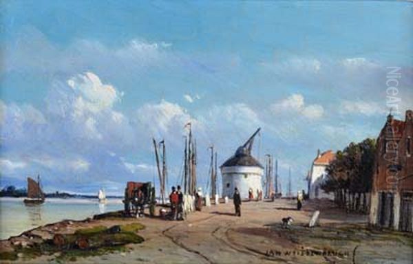 Waalkade met kraan Oil Painting by Jan Weissenbruch