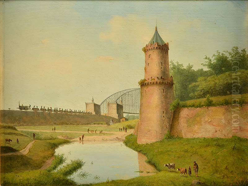 Gezicht op de stadsmuur en Kronenburgertoren van Nijmegen Oil Painting by Rudolphus Lauwerier