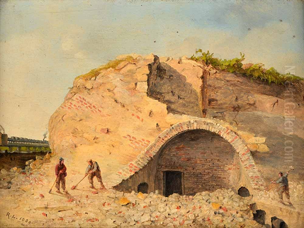 Afbraak van de onderaardse gevangenis onder de Havenmolen in Nijmegen Oil Painting by Rudolphus Lauwerier