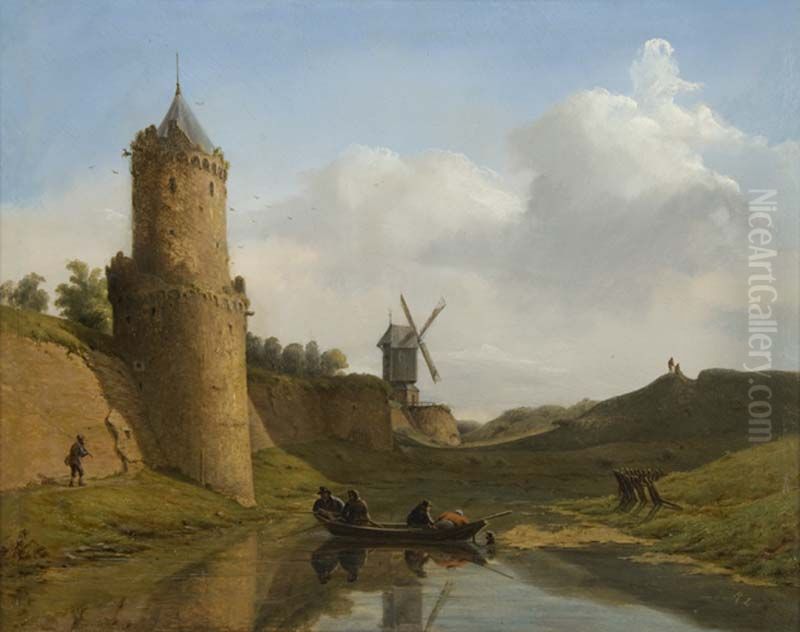 Gezicht op de Nijmeegse vestingwerken Oil Painting by Rudolphus Lauwerier