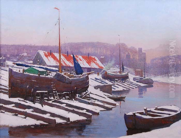 Scheepsdwarshelling 'De Ooy' bij Nijmegen Oil Painting by Eugene Lucker