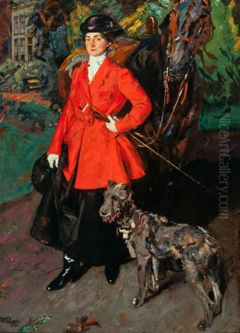 Portrait of the artist Margot van Hasselt (1879-1935) in equestrian costume with in the background Huis te Empe Oil Painting by Martin Monnickendam