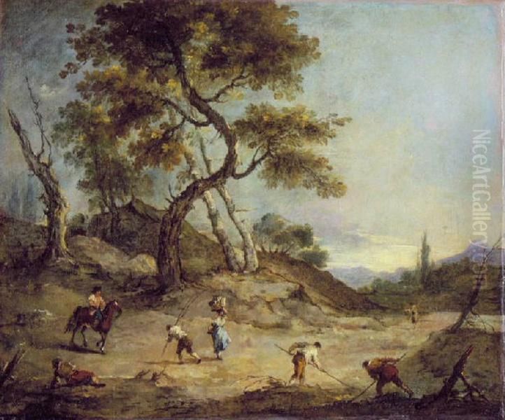 Paysage campagnard avec des personnages occupes a des travaux agricoles Oil Painting by Francesco Guardi