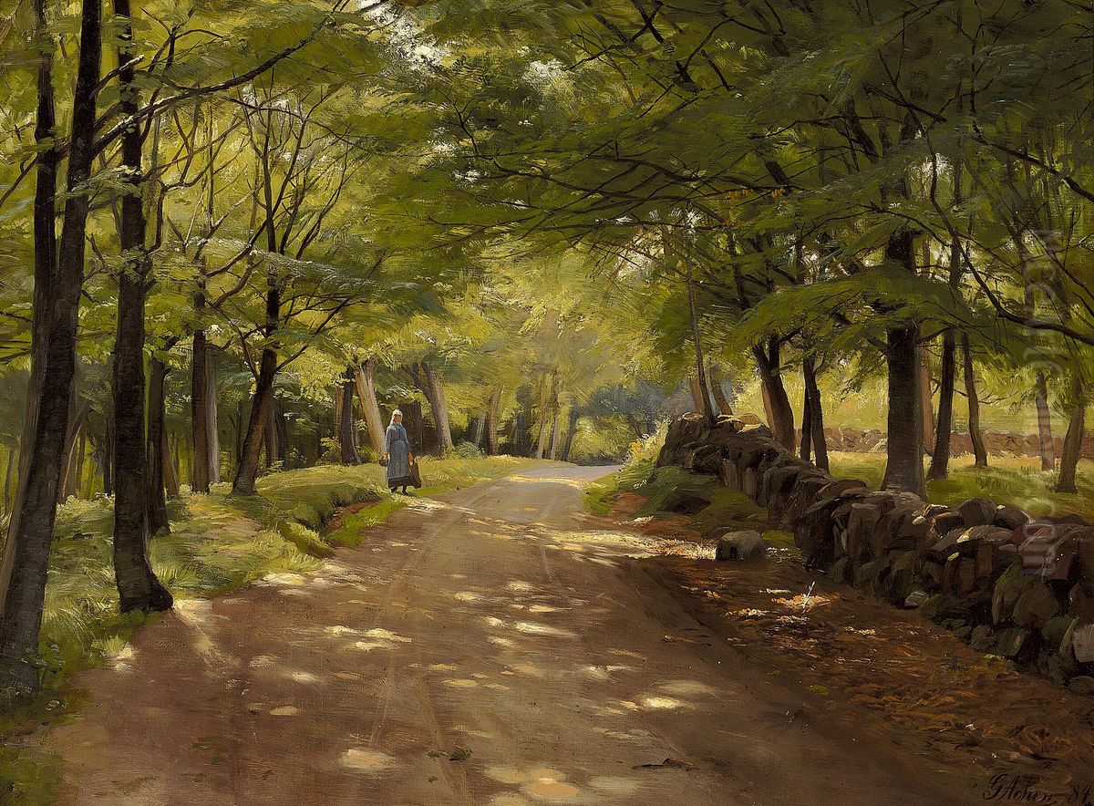 Bondepige i en bogeskov, solskin. Oil Painting by Georg Achen