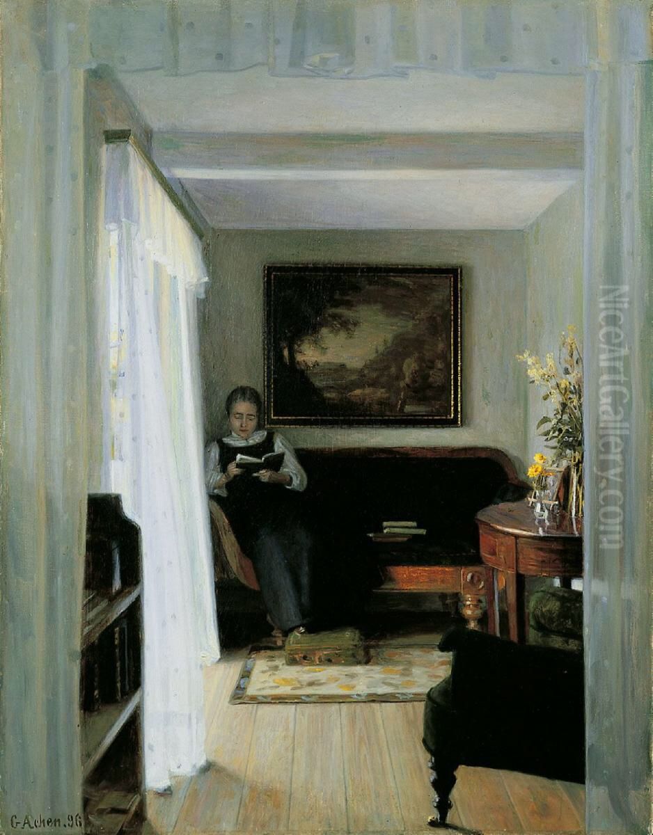 Interior with reading woman Oil Painting by Georg Achen