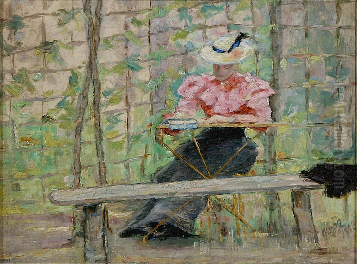 Dame siddende foran et espalier i en have. Oil Painting by Georg Achen