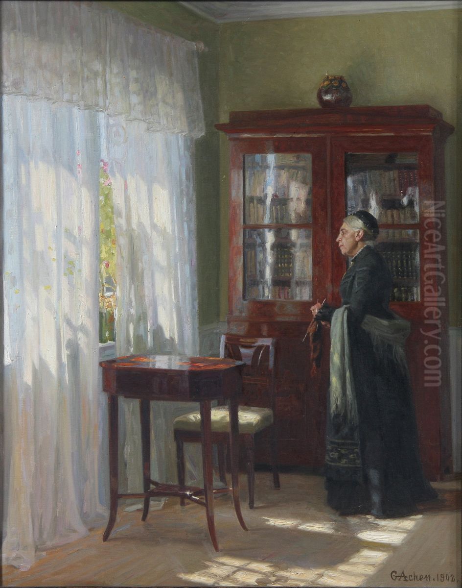 Woman with needlework. Oil Painting by Georg Achen