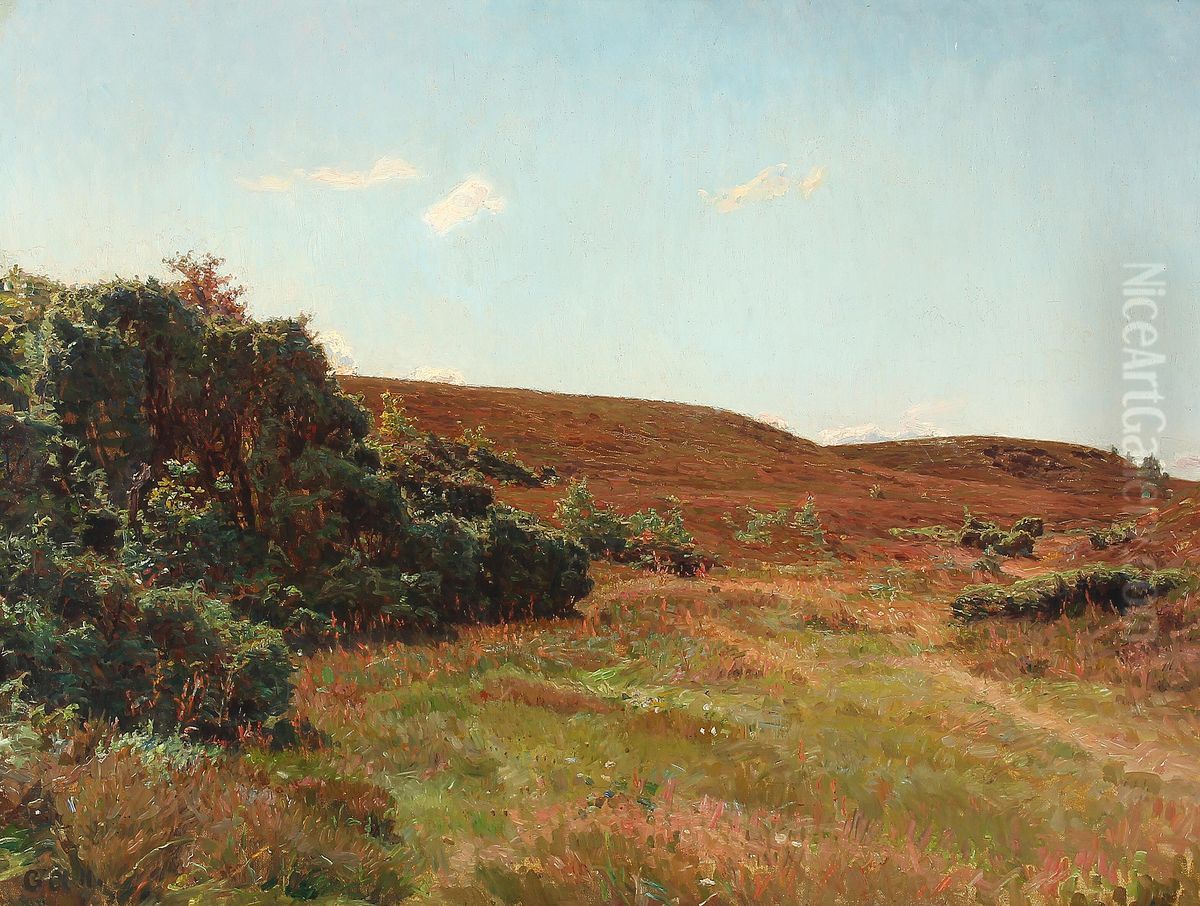 Landskab med lyngklaedte bakker. Oil Painting by Georg Achen