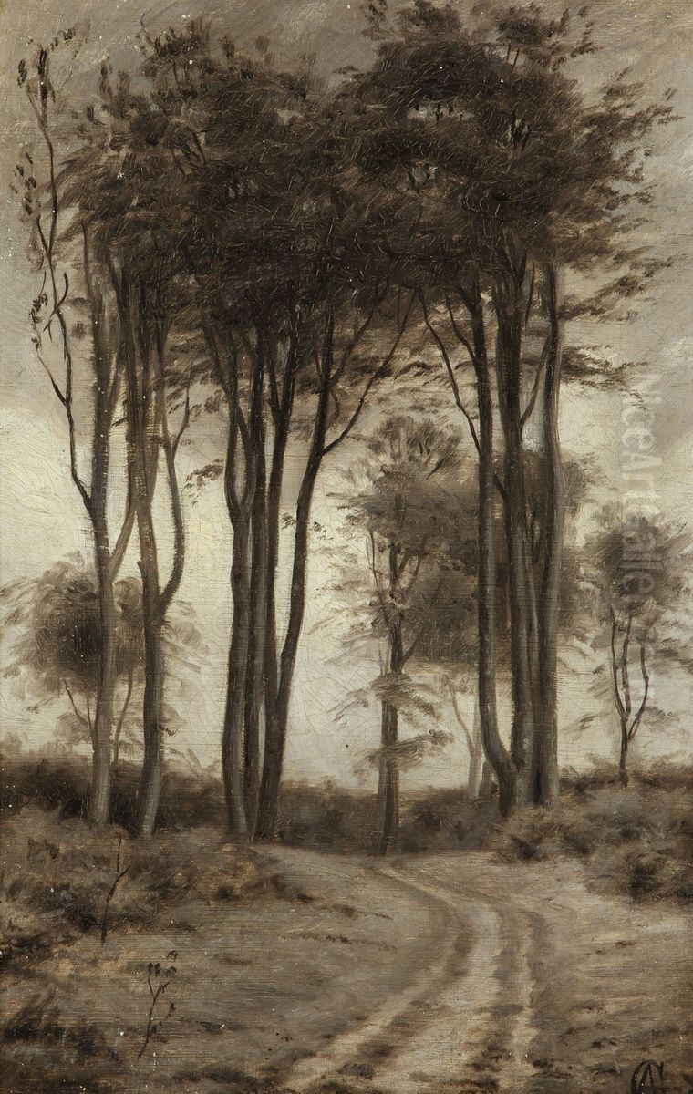 A road through the woods. Oil Painting by Georg Achen