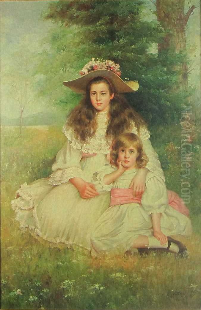 Portrait of two girls in a meadow. Oil Painting by Georg Achen