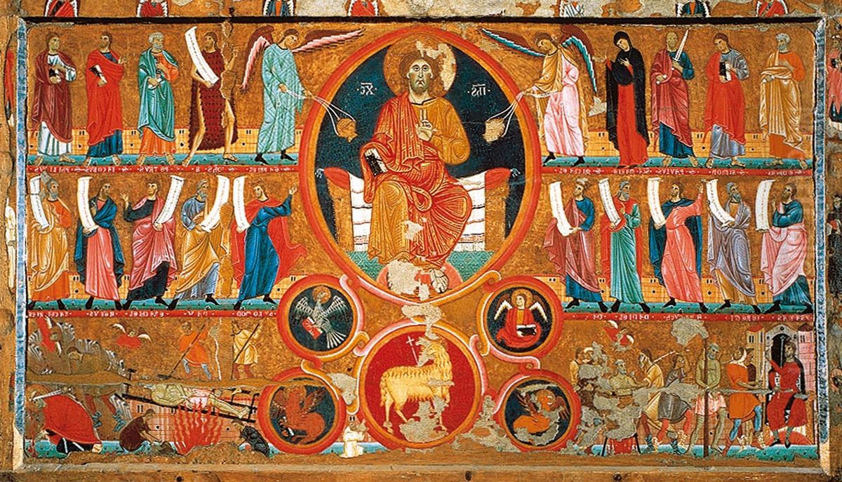 Pescius, Christ in Glory between Archangel Michael, Archangel Gabriel, Mary, Apostles and Prophets, Agnus Dei between the symbols of the evangelists, Martyrdom of Saint Felix Oil Painting by Master of San Felice di Giano