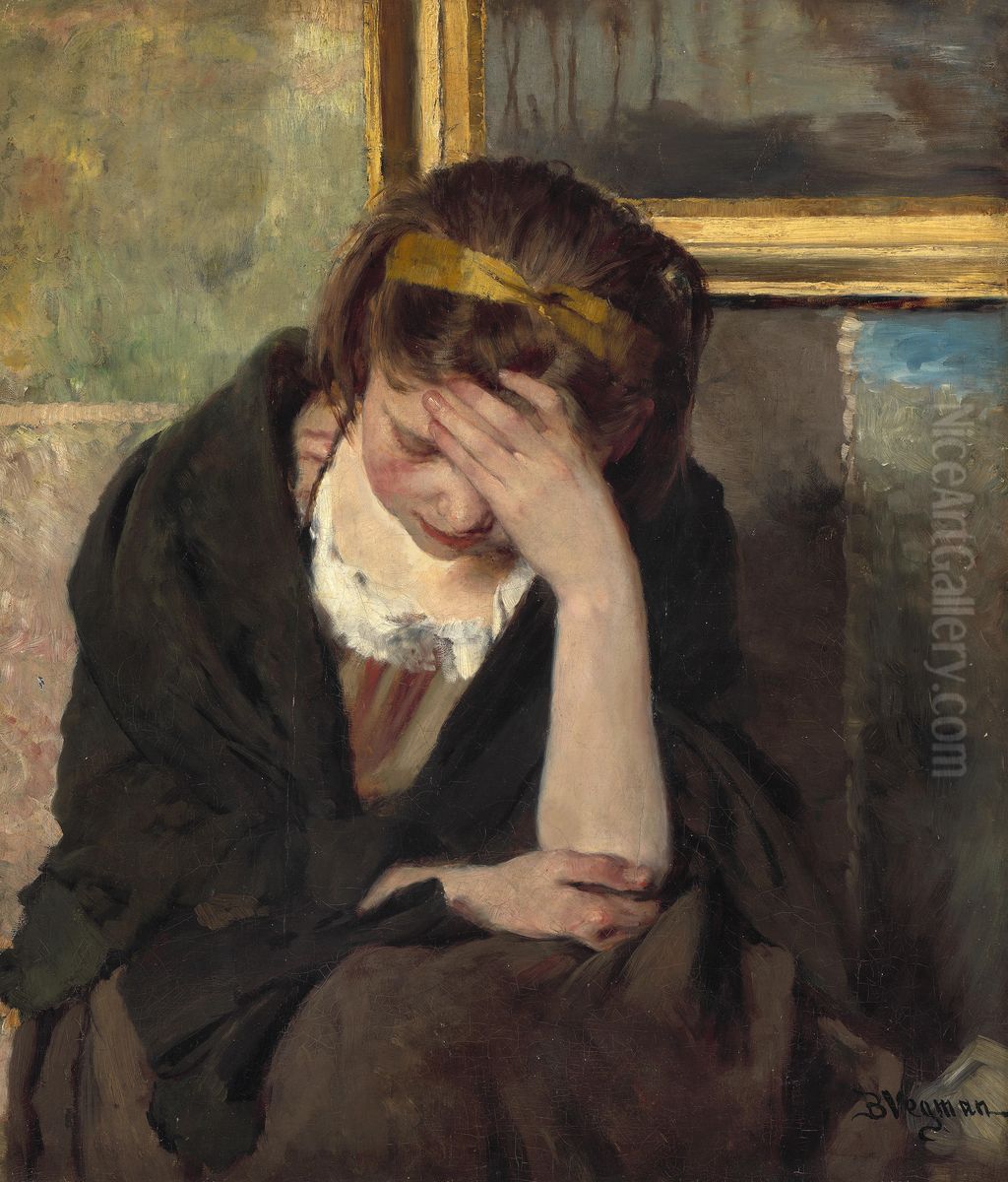 En siddende ung kvinde, der hviler hovedet i handen Oil Painting by Bertha Wegmann