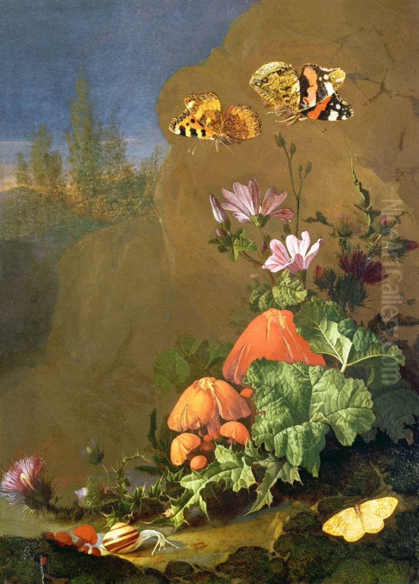 Rocky Floor with Flowers, Mushrooms, Butterflies, a Snail and a Thistle Oil Painting by Elias van den Broeck