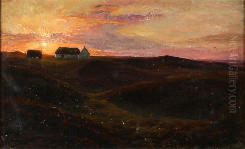 Landskab ved solnedgang. Oil Painting by Hans Agersnap
