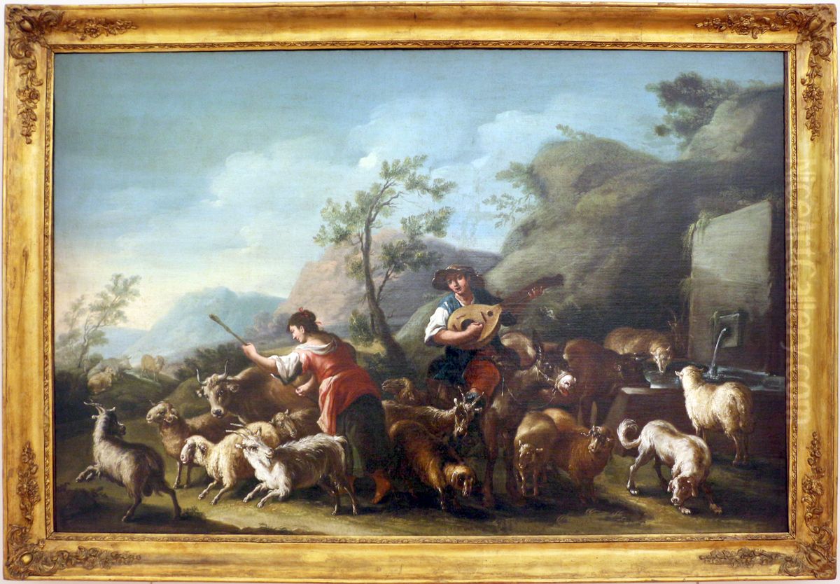 pastori e armenti alla fonte Oil Painting by Domenico Brandi