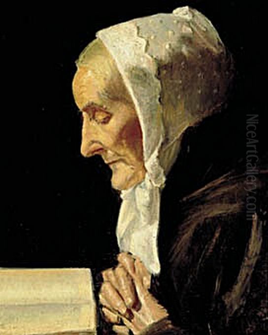 Portrait of Ane Hedvig Brondum reading her Bible. Oil Painting by Michael Peter Ancher