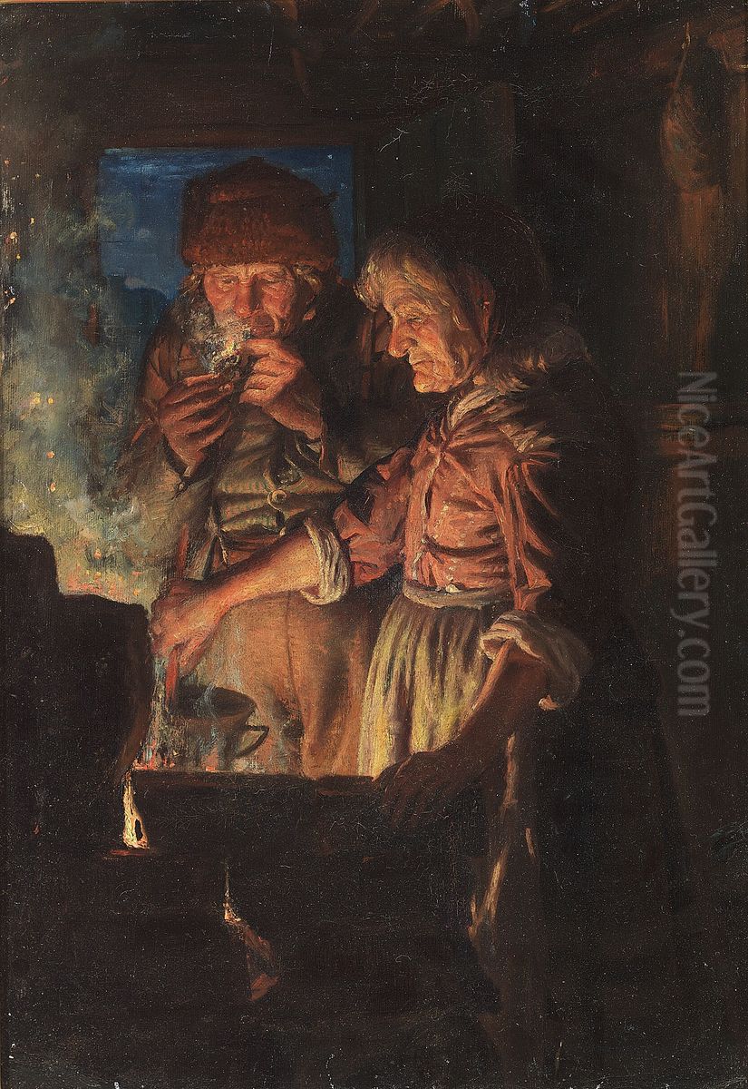 Lars Gaihede and his wife at the fireplace with Stifi stirring the pot. Oil Painting by Michael Peter Ancher