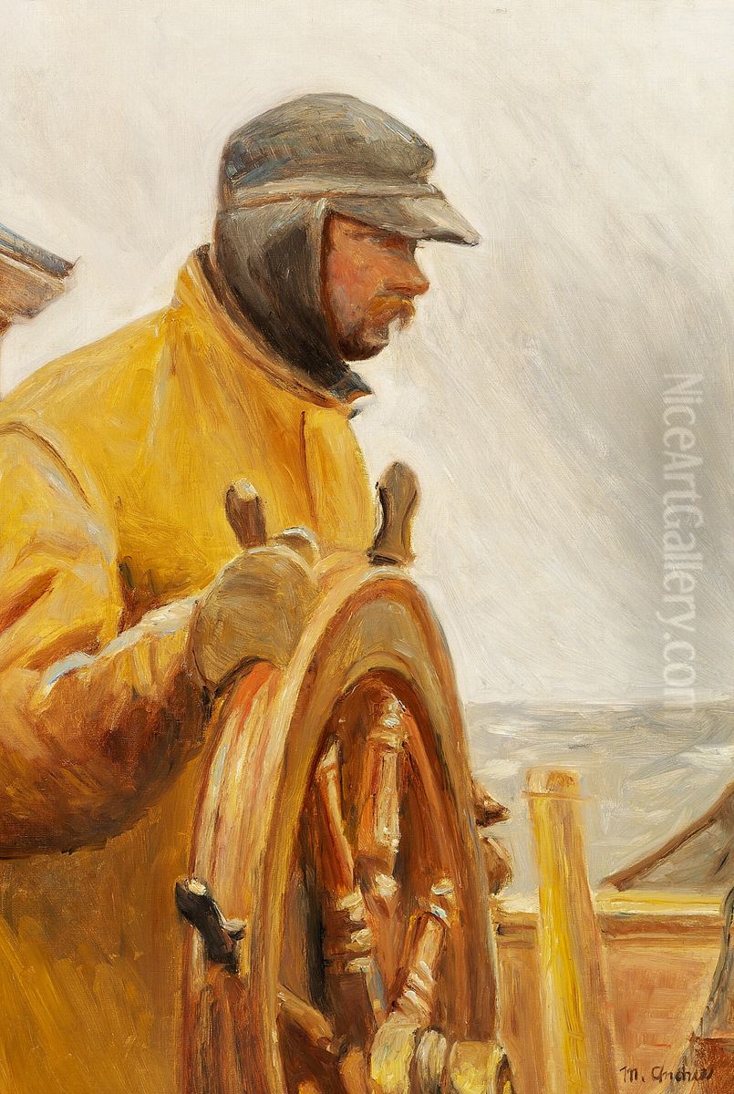 Konrad at the helm. A fishermen of Skagen steering a boat. Oil Painting by Michael Peter Ancher