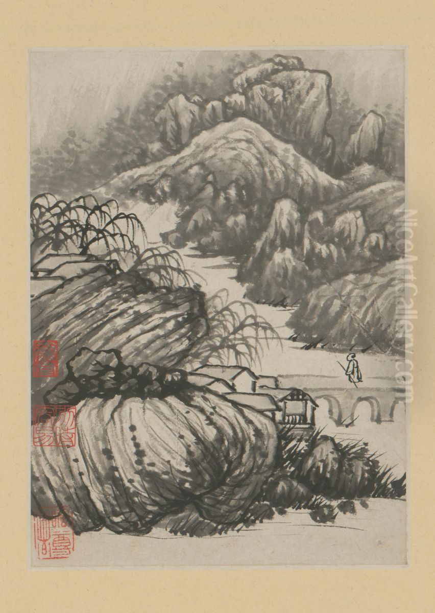 <<yuan ji jin shan long you si shi yi ce>> Oil Painting by Shitao Daoji