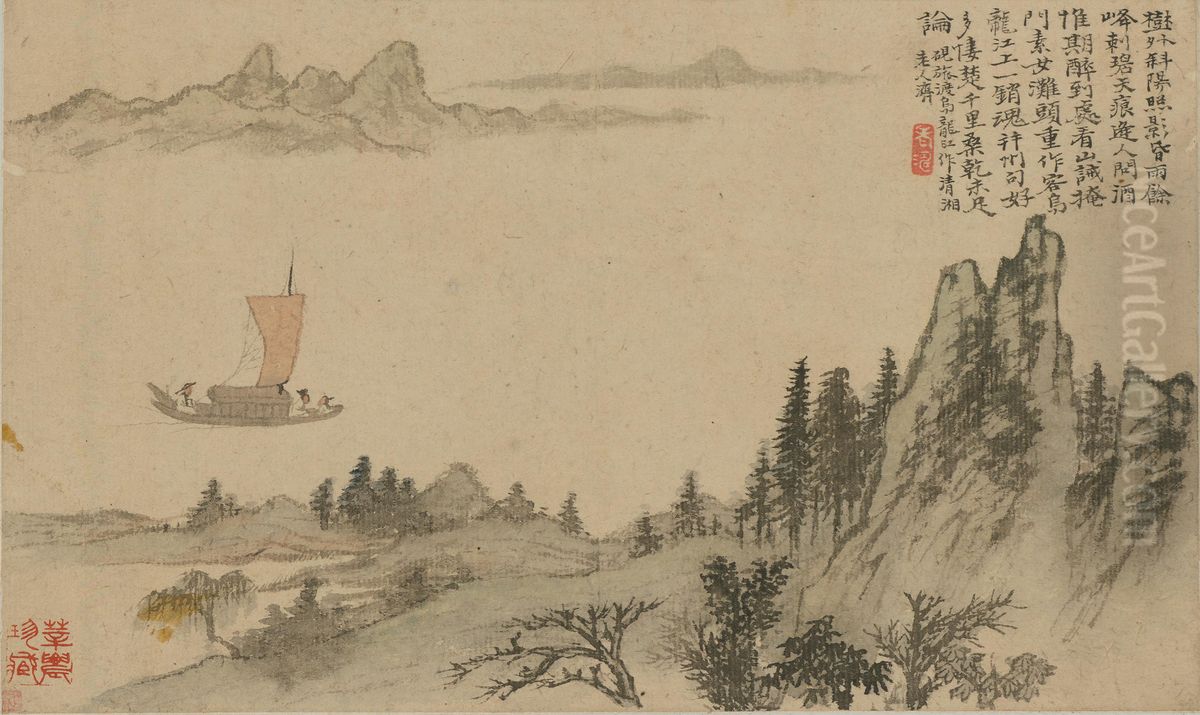 <<yuan ji shan shui tu ce di er kai>> Oil Painting by Shitao Daoji