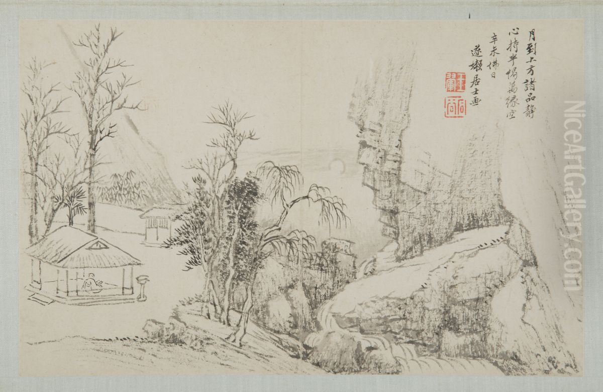 <<wang hui deng jiu jia shan shui ce-wang hui shan ting yue se ye>> Oil Painting by Wang Hui