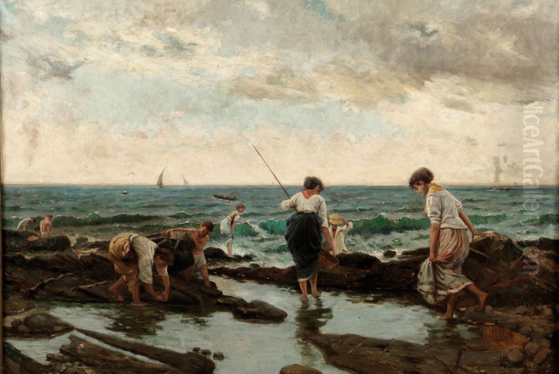 Fisherwomen on the beach Oil Painting by Bartolomeo Giuliano