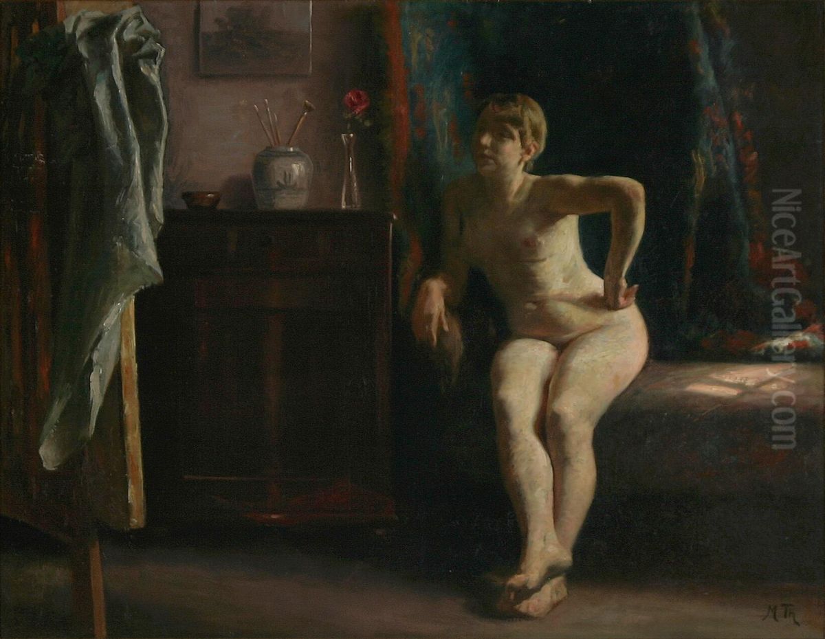 Interior with a woman sitting. Oil Painting by Hans Michael Therkildsen