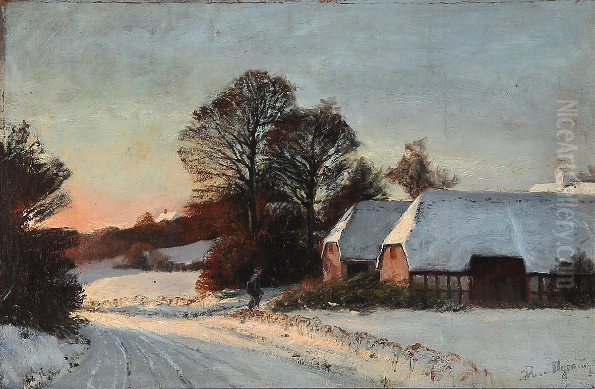 A winter day in the countryside at sunset. Oil Painting by Hans Agersnap