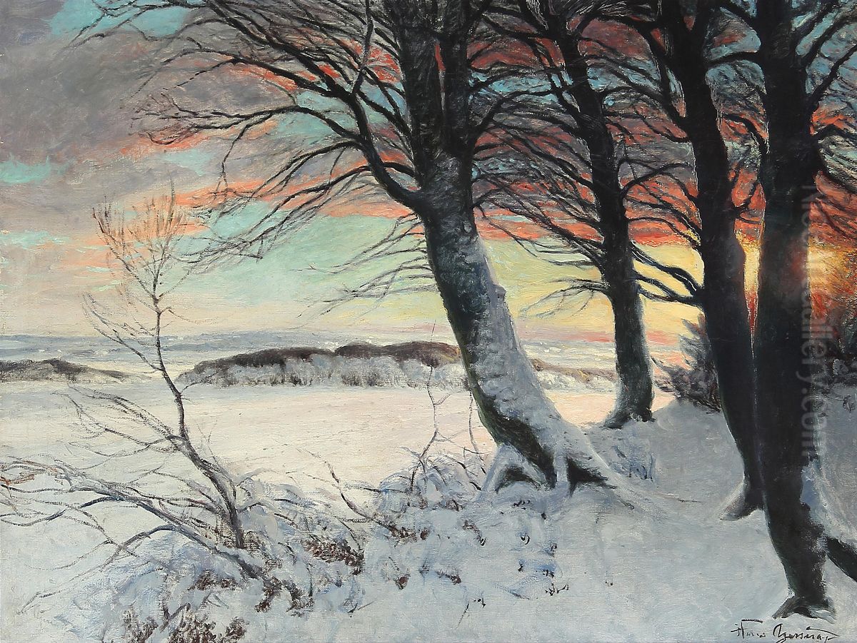 Et vinterlandskab. Oil Painting by Hans Agersnap