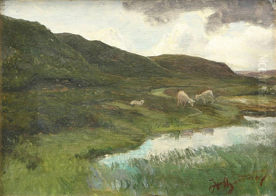 Graessende far i landskab ved alob. Oil Painting by Hans Agersnap