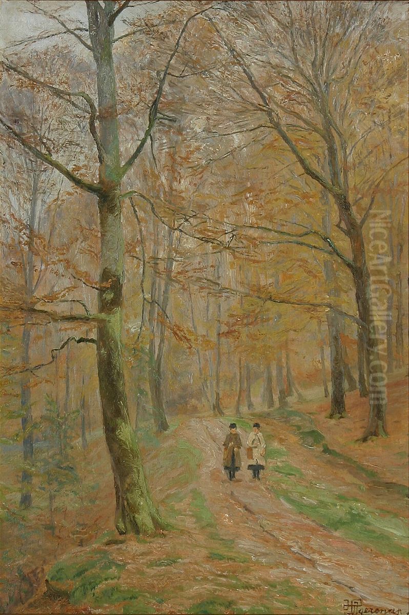 Two women walking in a forest at autumn. Oil Painting by Hans Agersnap